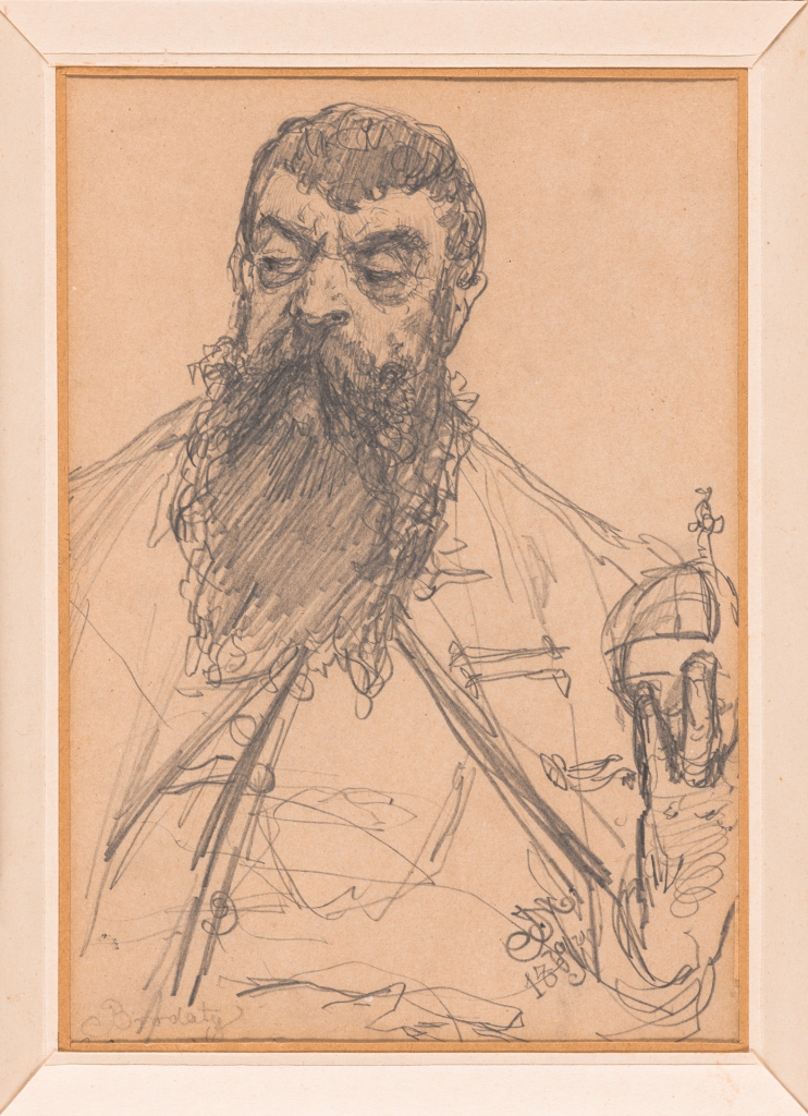 Obrazek narysowany przez Jana Matejkę. Mężczyzna z brodą w stroju szlachcica, w lewej dłoni jabłko królewskie.