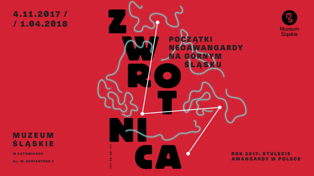 Plakat promujący wystawę „Zwrotnica. Początki neoawangardy na Górnym Śląsku”.