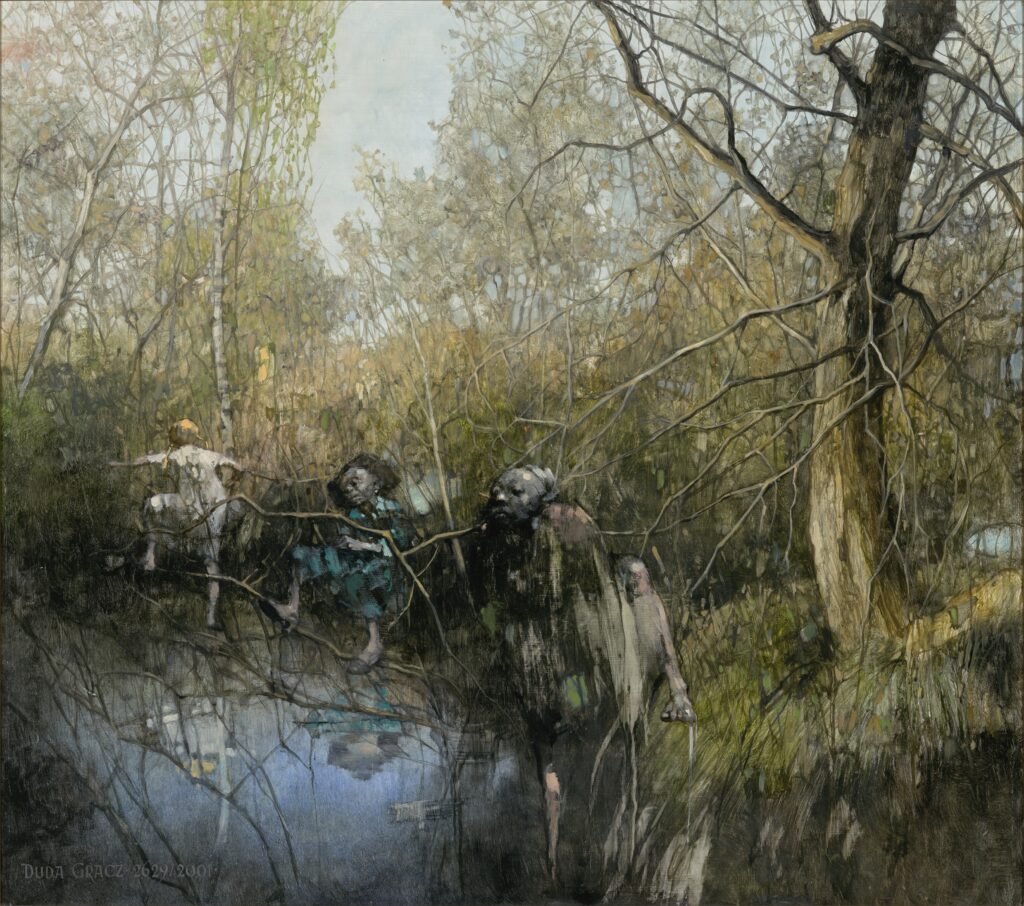 kolorowy obraz, trzy postaci siedzące pomiędzy drzewami, nad brzegiem rzeki