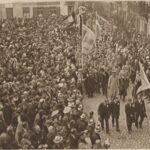 Defilada oficerów i żołnierzy Legionów Polskich. towarzyszymy im tłum ludzi.