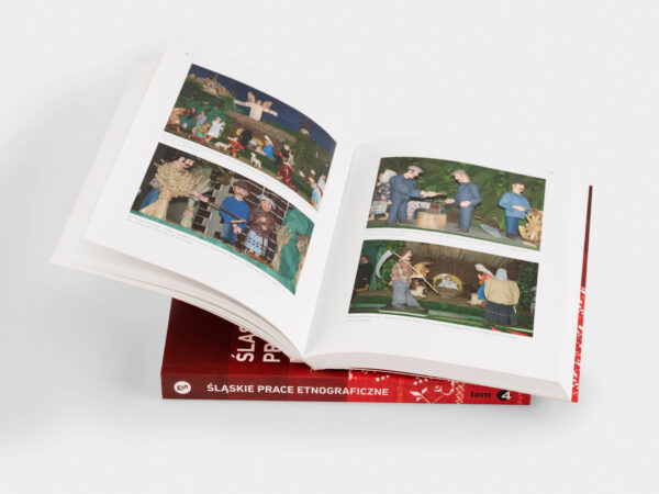 Otwarta publikacja ,,Śląskie Prace Etnograficzne'', na otwartych stronach cztery zdjęcia przedstawiające figurki do szopki bożonarodzeniowej.