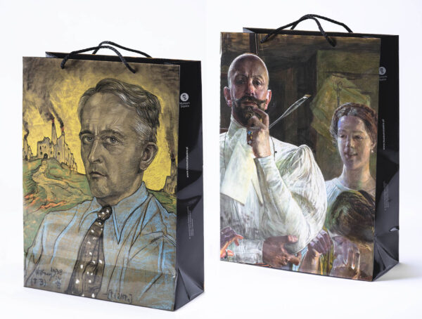 Dwie torby ozdobne z reprodukcjami obrazów ze zbirów Muzeum Śląskiego.