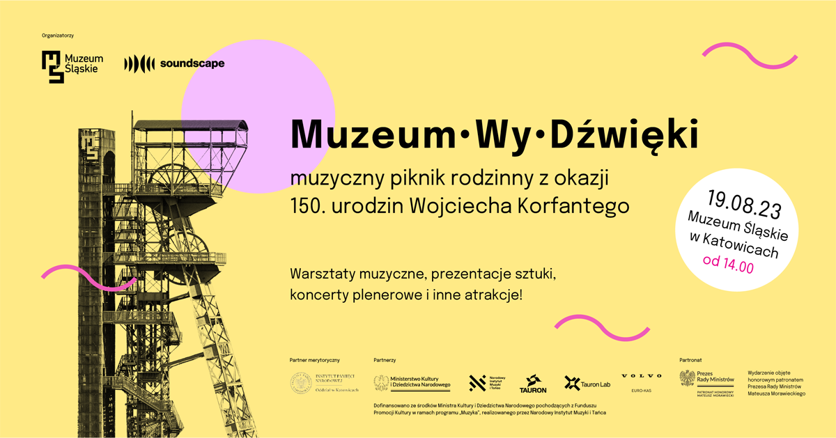 plakat do wydarzenia Muzeum Wy.Dźwięki, na żółtym tle wieża widokowa Muzuem Śląskiego, obok napisy informujące o wydarzeniu