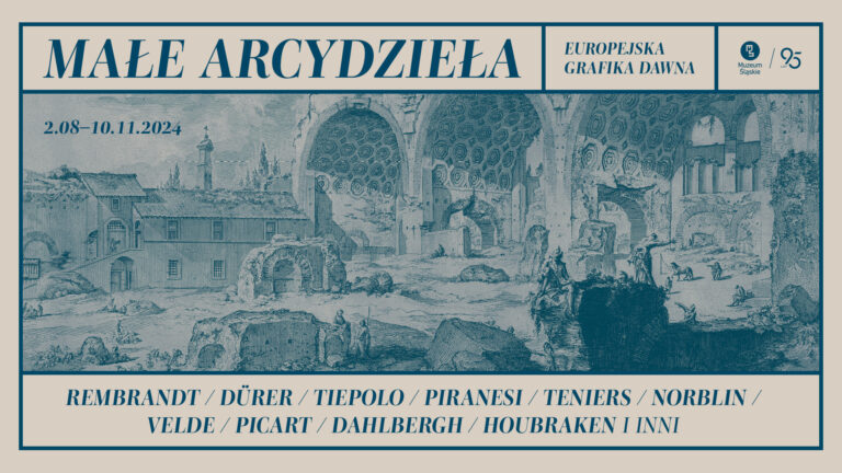 Plakat ilustracji przedstawiającej monumentalne ruiny architektoniczne z detalami kolumn i łuków, ukazane w perspektywie. Na górze widnieje tytuł "Małe arcydzieła", a na dole nazwiska artystów.