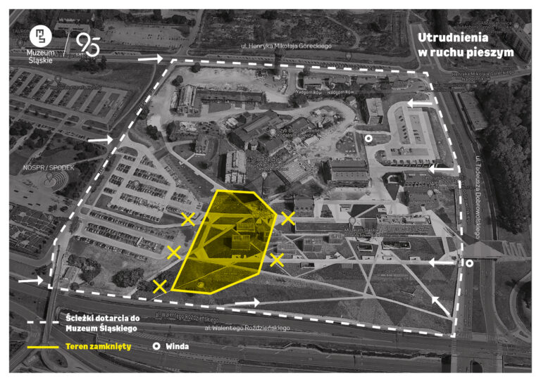 Mapa terenu muzeum widziana z lotu ptaka. Na mapie zaznaczono na żółto wybrany fragment terenu.