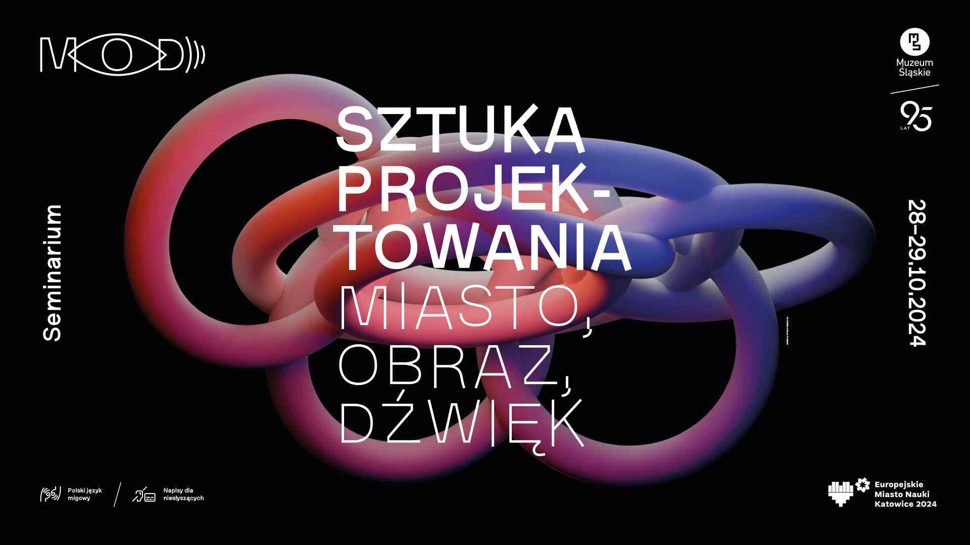 Grafika przedstawiająca splątane ze sobą kolorowe okręgi. W środku grafiki znajduje się biały napis "Sztuka projektowania miasto, obraz, dźwięk".