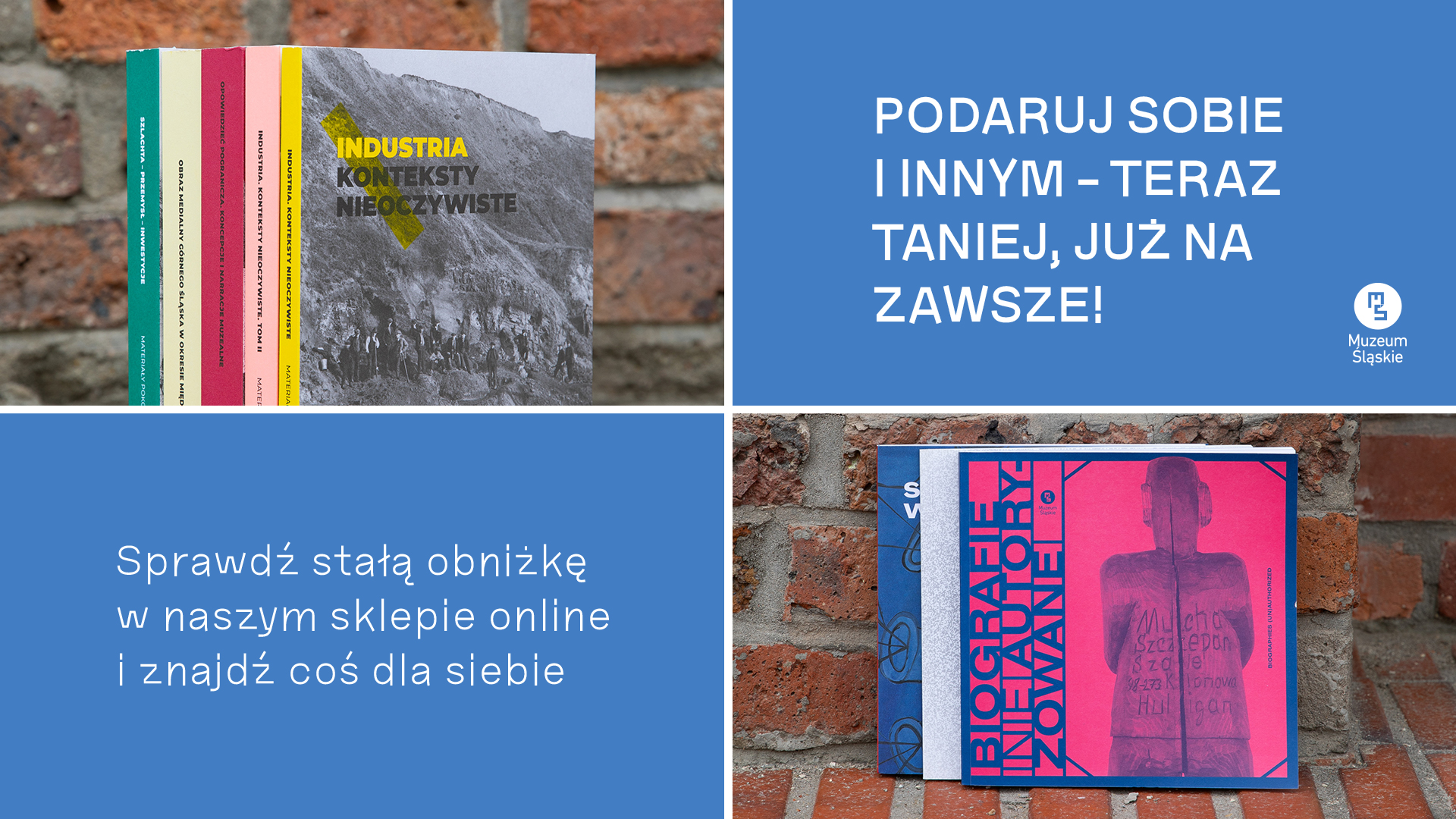 Grafika z informacją o obniżce cen. Na grafice kolorowe okładki książek.