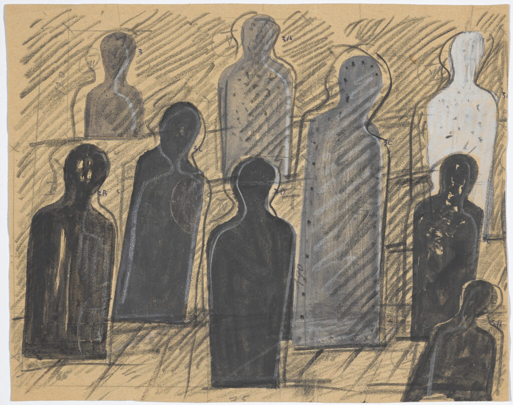 Dzieło Józefa Szajny: sylwetki ludzkie na beżowym tle